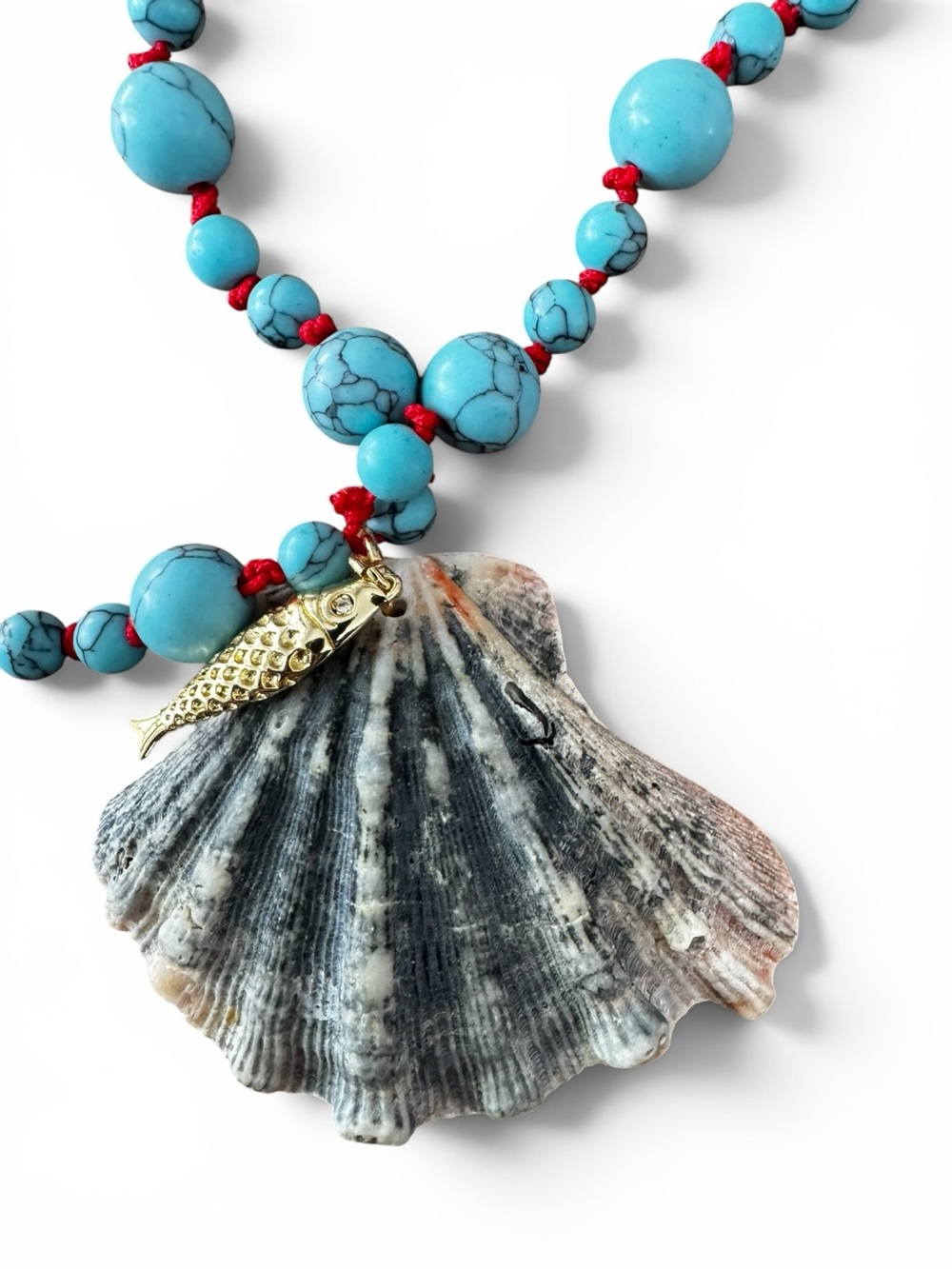 Turquoise Bead Necklace with Shell Pendant - Blue